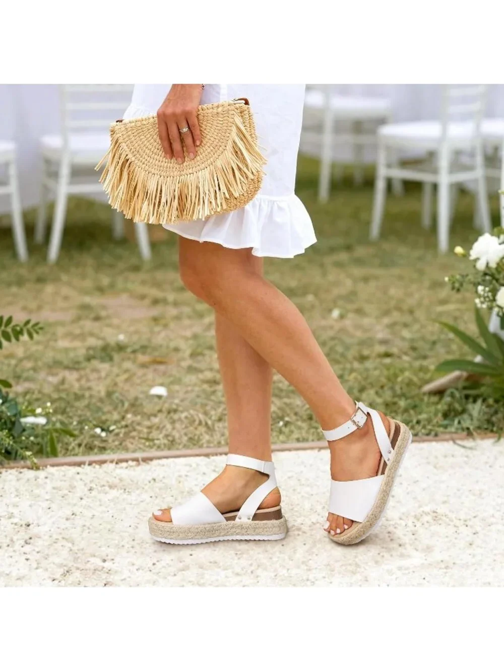 Women's White Comfortable Platform Espadrilles Ankle Strap Wedge Sandal Shoes